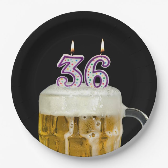 36th Birthday Beer on black Paper Plate (Front)