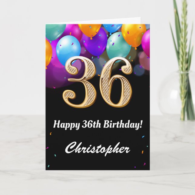 36th Birthday Black and Gold Colourful Balloons Card (Front)