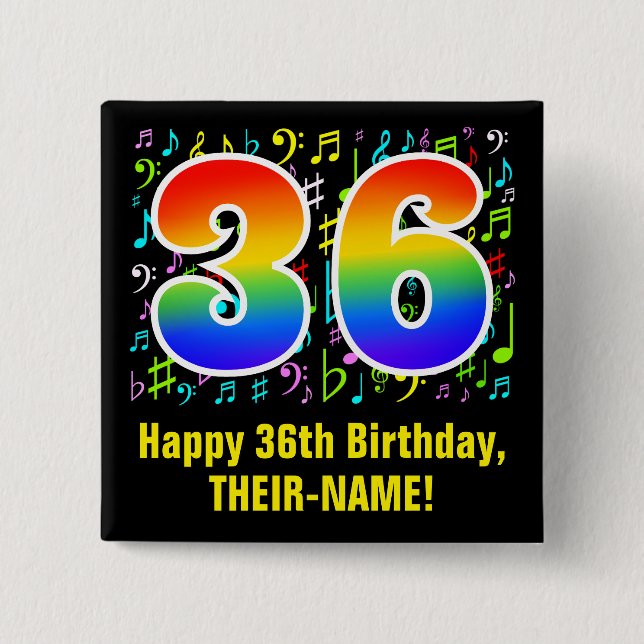 36th Birthday: Colourful Music Symbols, Rainbow 36 15 Cm Square Badge (Front)