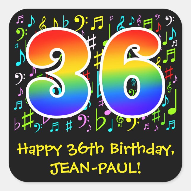 36th Birthday: Colourful Music Symbols, Rainbow 36 Square Sticker (Front)