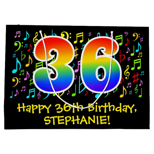 36th Birthday - Colourful Music Symbols, Rainbow 3 Large Gift Bag (Back)