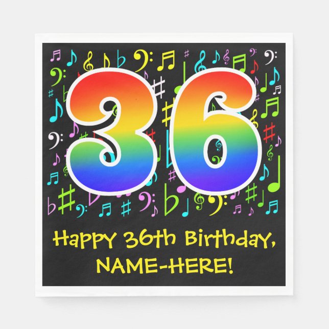 36th Birthday - Colourful Music Symbols, Rainbow 3 Napkin (Front)