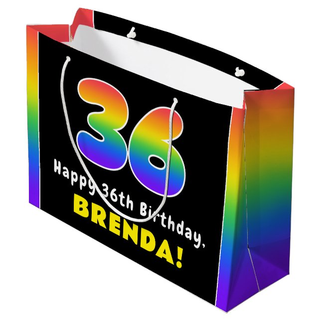 36th Birthday: Colourful Rainbow # 36, Custom Name Large Gift Bag (Back Angled)