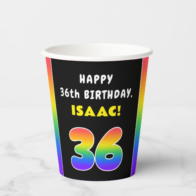36th Birthday: Colourful Rainbow # 36, Custom Name Paper Cups (Front)