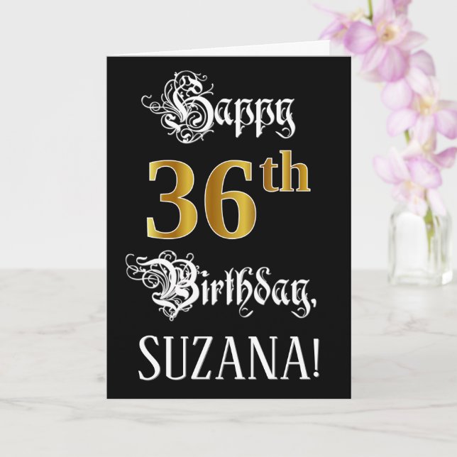 36th Birthday — Fancy Script; Faux Gold Look; Name Card (Orchid)
