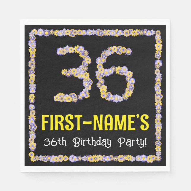 36th Birthday: Floral Flowers Number, Custom Name Napkin (Front)