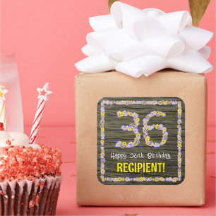 36th Birthday: Floral Number, Faux Wood Look, Name Square Sticker