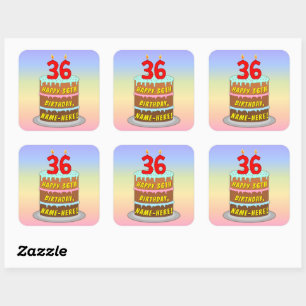 36th Birthday: Fun Cake and Candles + Custom Name Square Sticker