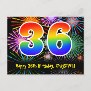 36th Birthday – Fun Fireworks Pattern + Rainbow 36 Postcard