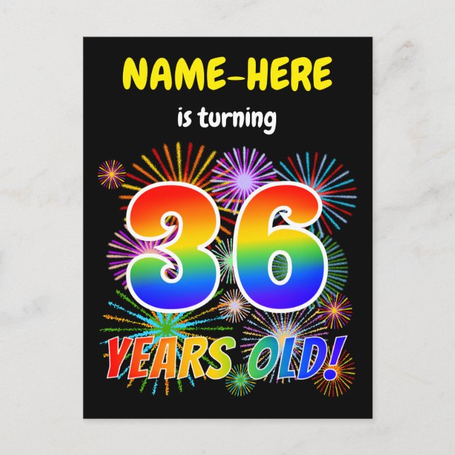 36th Birthday - Fun Fireworks, Rainbow Look "36" Postcard (Front)