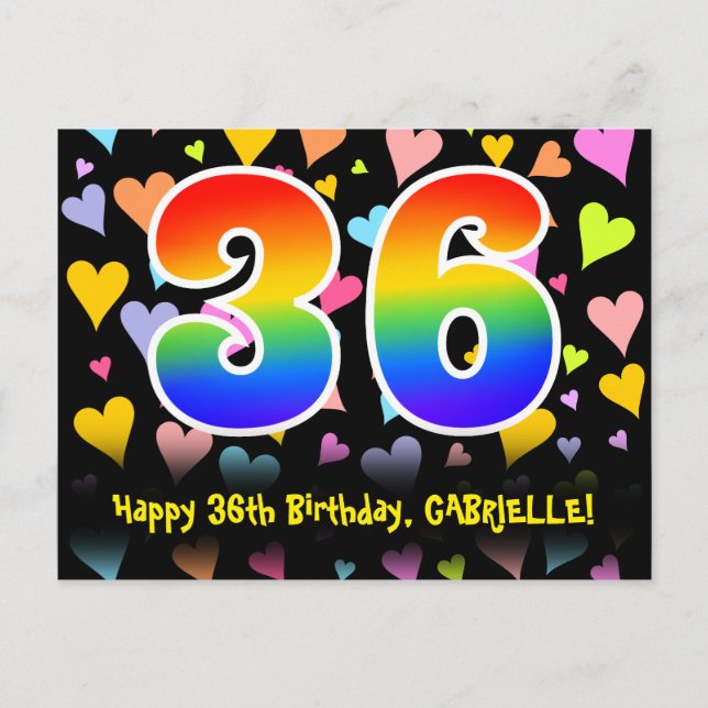36th Birthday: Fun Hearts Pattern, Rainbow 36 Postcard (Front)