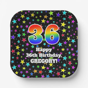 36th Birthday: Fun Stars Pattern and Rainbow “36” Paper Plate