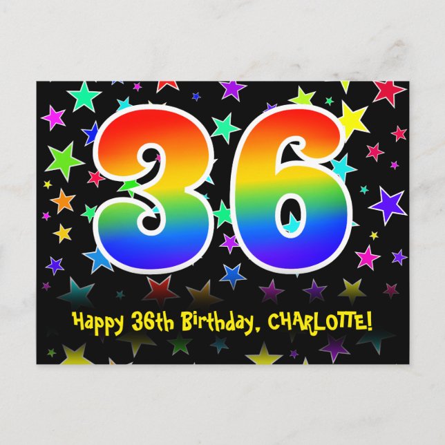 36th Birthday: Fun Stars Pattern, Rainbow 36, Name Postcard (Front)