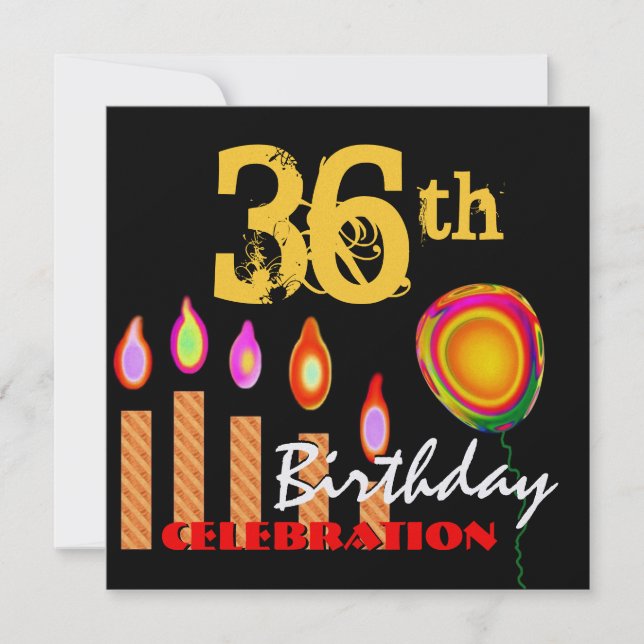 36th Birthday Gold Candles and Balloon Metallic Invitation (Front)