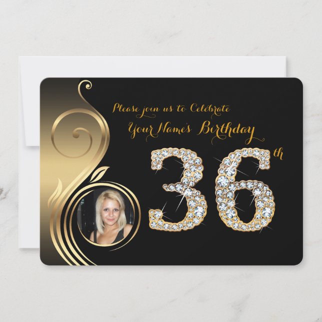 36th,Birthday Invitation,Number Diamond,Photo 2 Invitation (Front)
