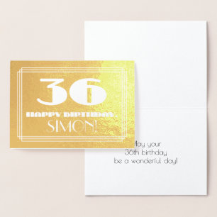 36th Birthday: Name + Art Deco Inspired Look "36" Foil Card