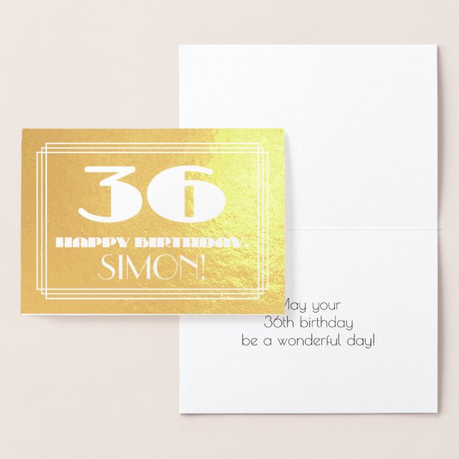 36th Birthday: Name + Art Deco Inspired Look "36" Foil Card (Display)