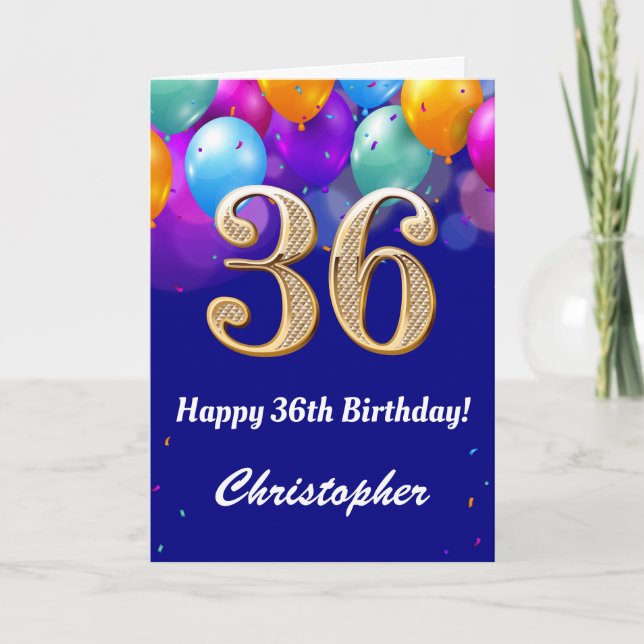 36th Birthday Navy Blue and Gold Colourful Balloon Card (Front)