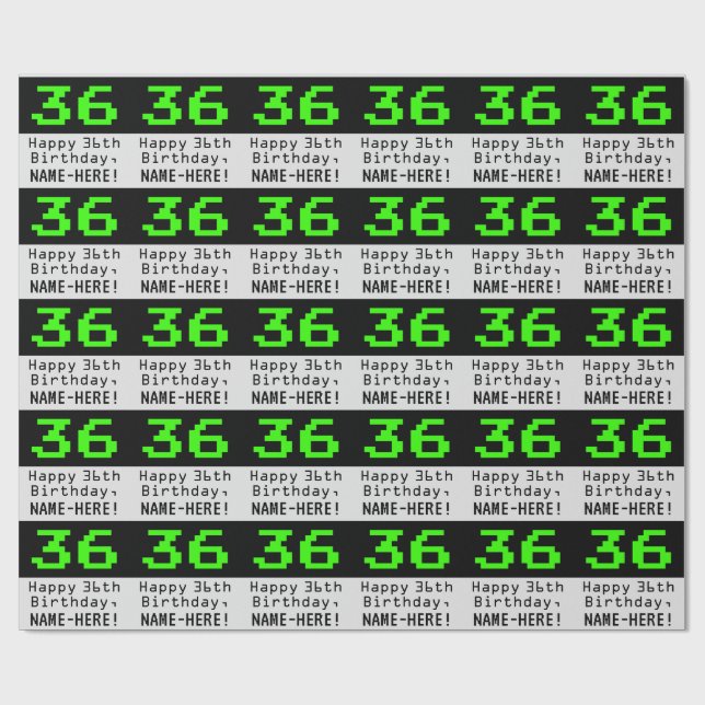 36th Birthday - Nerdy / Geeky Style "36" and Name Wrapping Paper (Flat)