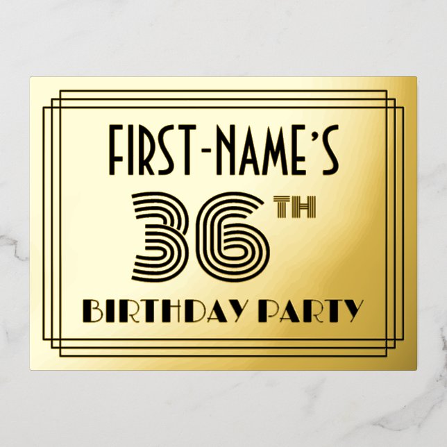 36th Birthday Party ~ Art Deco Style “36” + Name Foil Invitation Postcard (Front)