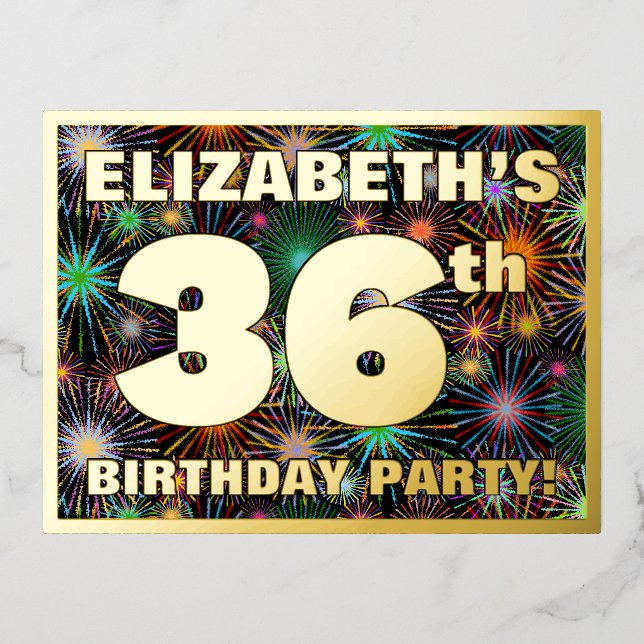 36th Birthday Party: Bold, Colourful Fireworks Loo Foil Invitation Postcard (Front)