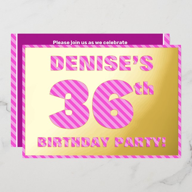 36th Birthday Party — Bold, Fun, Pink Stripes # 36 (Front/Back)