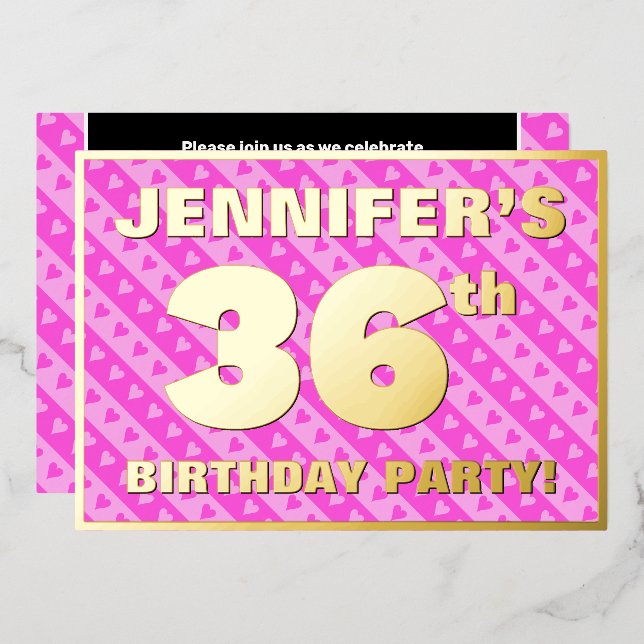 36th Birthday Party — Fun Pink Hearts and Stripes (Front/Back)