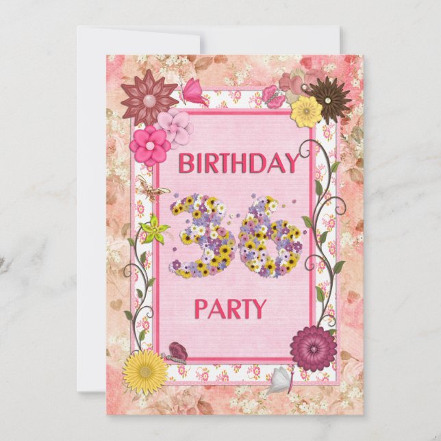36th birthday party invitation with floral frame (Front)