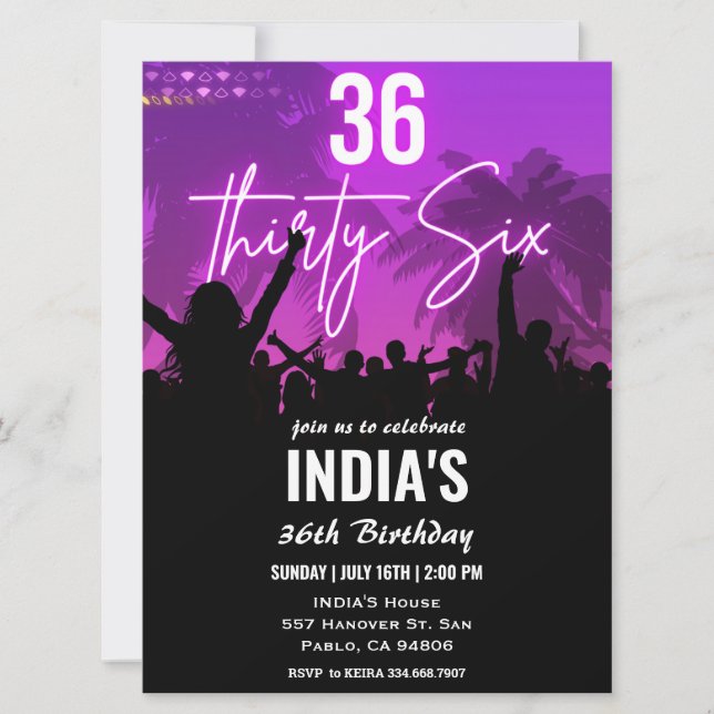 36th Birthday Party Pink Neon Invitation (Front)