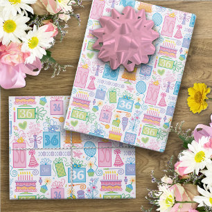 36th Birthday Pink Cake Presents Balloons  Wrapping Paper Sheet