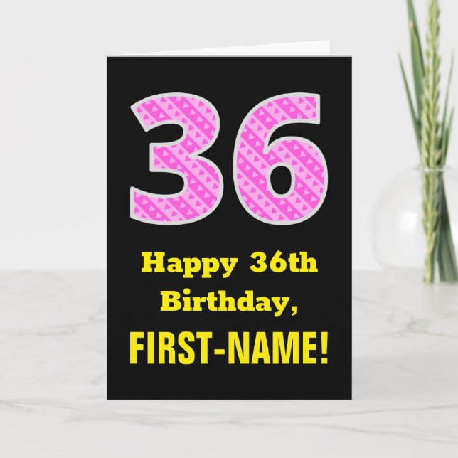 36th Birthday: Pink Stripes and Hearts "36" + Name Card (Front)