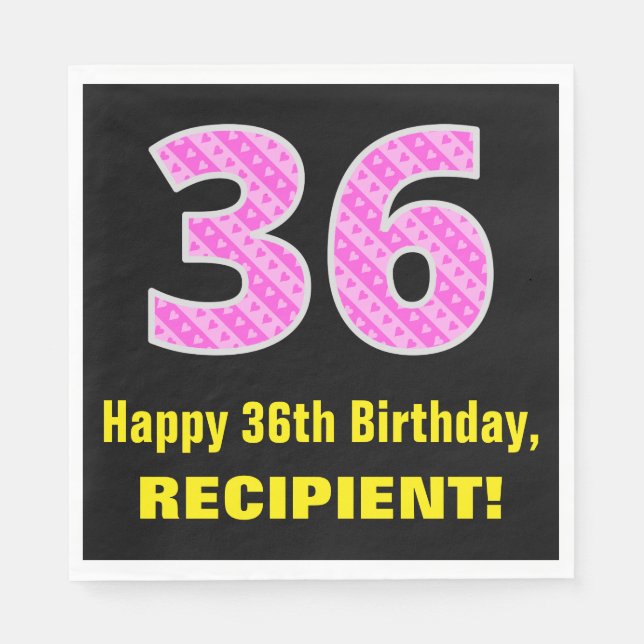 36th Birthday: Pink Stripes and Hearts "36" + Name Napkin (Front)