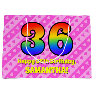 36th Birthday: Pink Stripes & Hearts, Rainbow # 36 Large Gift Bag