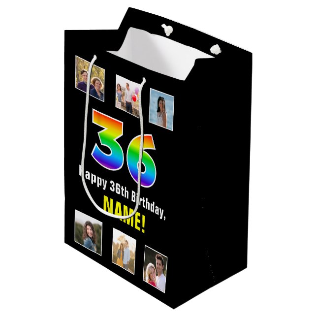 36th Birthday: Rainbow “36“, Custom Photos & Name Medium Gift Bag (Front Angled)