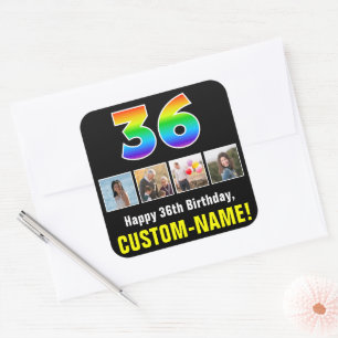 36th Birthday: Rainbow “36”; Custom Photos & Name Square Sticker