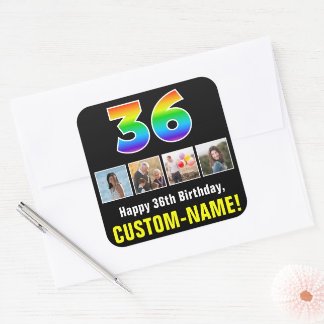 36th Birthday: Rainbow “36”; Custom Photos & Name Square Sticker (Envelope)