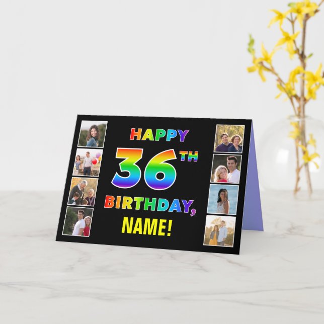 36th Birthday: Rainbow Text, Custom Photos & Name Card (Yellow Flower)