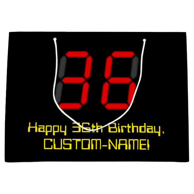 36th Birthday: Red Digital Clock Style "36" + Name Large Gift Bag (Front)