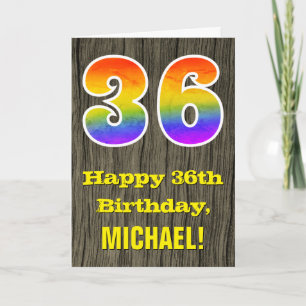 36th Birthday: Rustic Faux Wood Look, Rainbow "36" Card