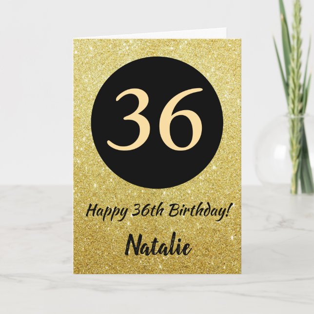 36th Happy Birthday Black and Gold Glitter Card (Front)