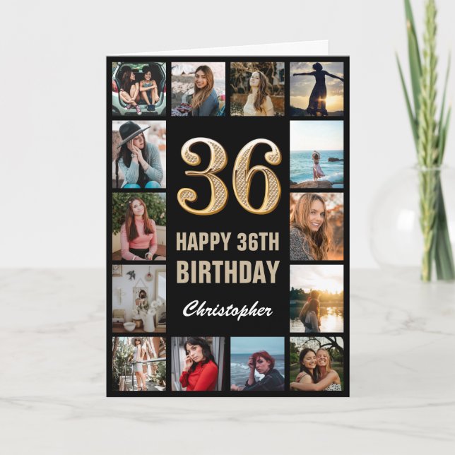 36th Happy Birthday Black and Gold Photo Collage Card (Front)