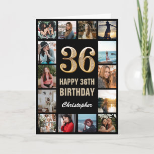 36th Happy Birthday Black and Gold Photo Collage Card
