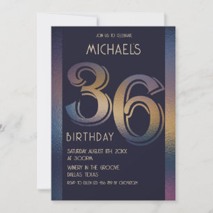36th modern dark purple and gold birthday invitation