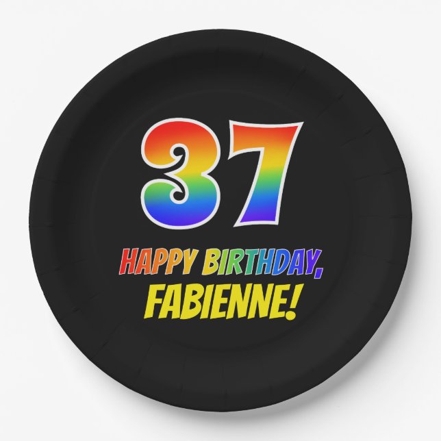 37th Birthday: Bold, Fun, Simple, Rainbow 37 Paper Plate (Front)