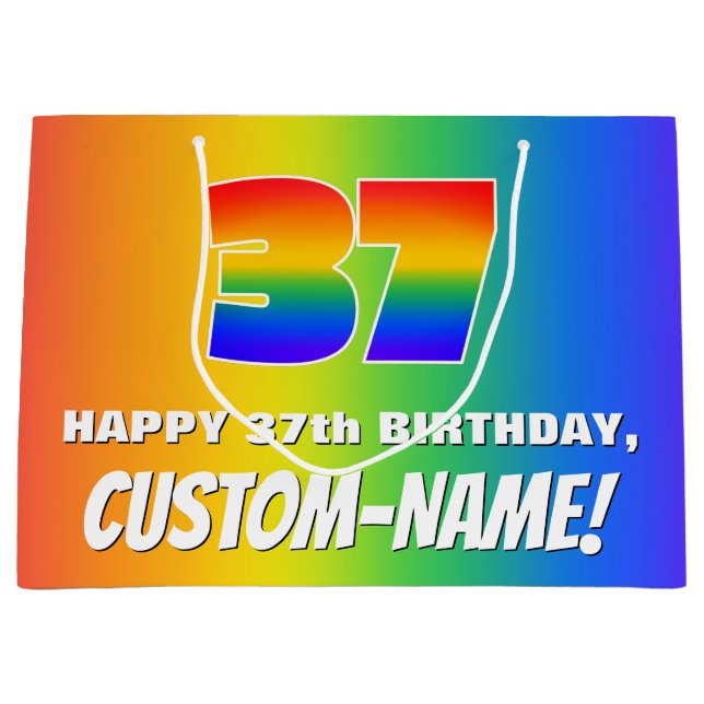 37th Birthday: Colourful, Fun Rainbow Pattern # 37 Large Gift Bag (Front)