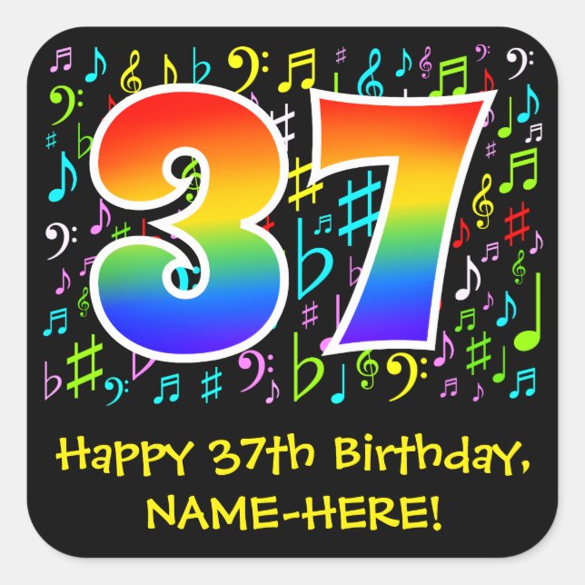 37th Birthday: Colourful Music Symbols, Rainbow 37 Square Sticker (Front)