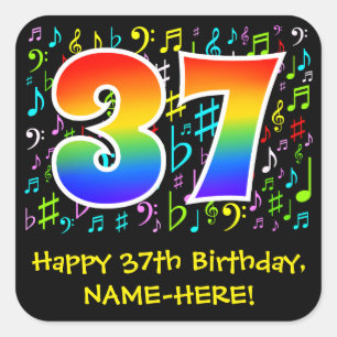 37th Birthday: Colourful Music Symbols, Rainbow 37 Square Sticker