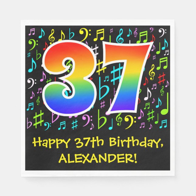 37th Birthday - Colourful Music Symbols, Rainbow 3 Napkin (Front)