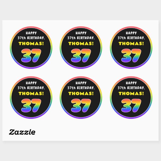 37th Birthday: Colourful Rainbow # 37, Custom Name Classic Round Sticker (Sheet)