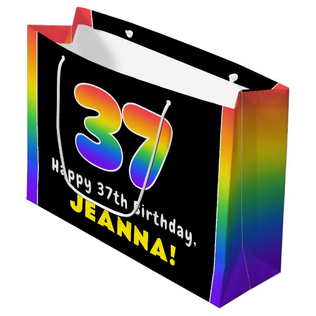 37th Birthday: Colourful Rainbow # 37, Custom Name Large Gift Bag (Front Angled)